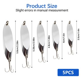 FishingPepo 5pcs Fishing Lures Spoons Trout Lures Hard Metal Spinner Bass Baits 5 Sizes Casting Spoon Hooks for Salmon Bass in 1/5 1/4 3/8 1/2 3/4 oz