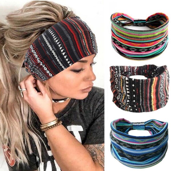 CAKURE Wide Headbands Boho Bandeau Headband African Head Wrap Knot Turban Elastic Breathable Hair Bands Pack of 3