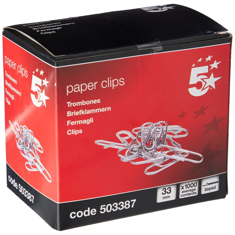 5 Star Paperclips Metal Large 33mm Lipped [Pack of 1000],