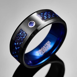 VAKKI Tungsten Carbide Celtic Dragon Rings for Men 8mm Wedding Band with Blue Carbon Fiber and CZ Inlay Size Y