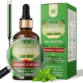 Liposomal Organic Chlorophyll Drops – 6-in-1 Superfood with Spirulina, Wheatgrass, Vitamins C, B12 & A | Vegan Internal Deodorant, Energy & Digestive Support | 2 Fl Oz