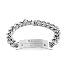 Benny You Left Paw Prints On Our Hearts Cuban Chain Stainless Steel Bracelet - Loss of Pet Remembrance ID Plate Bracelet Dog Cat Pet Paw Pet Lover Memorial Gifts For Men Women, Engraved Adjustabl