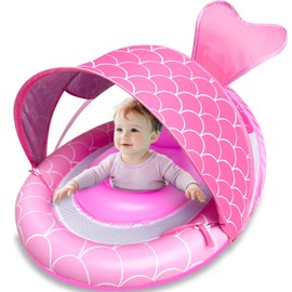 Baby Pool Float with 4 Stage Adjustable Sun Canopy for 6-36 Months, Dual Air Chambers & Never Flip Over Safety Seat, Mermaid Infant Swim Float with Sunshade