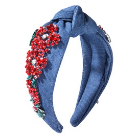 Crystal Flower Knotted Headband Rhinestone Flower Jeweled Wide Top Knot Hairband Boho Vintage Spring Summer Head Band Hair Accessories Gift for Women Girls (blue flower hairband)
