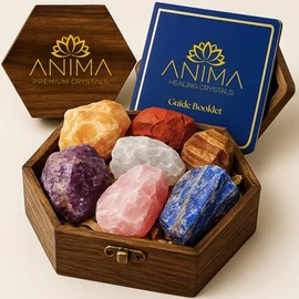 Anima Premium 7 Chakra Crystals Set C Perfect Spiritual Gifts for Women with Large Raw Rose Quartz, Amethyst and Lapis Lazuli Crystals in Wooden Box with Guide Booklet