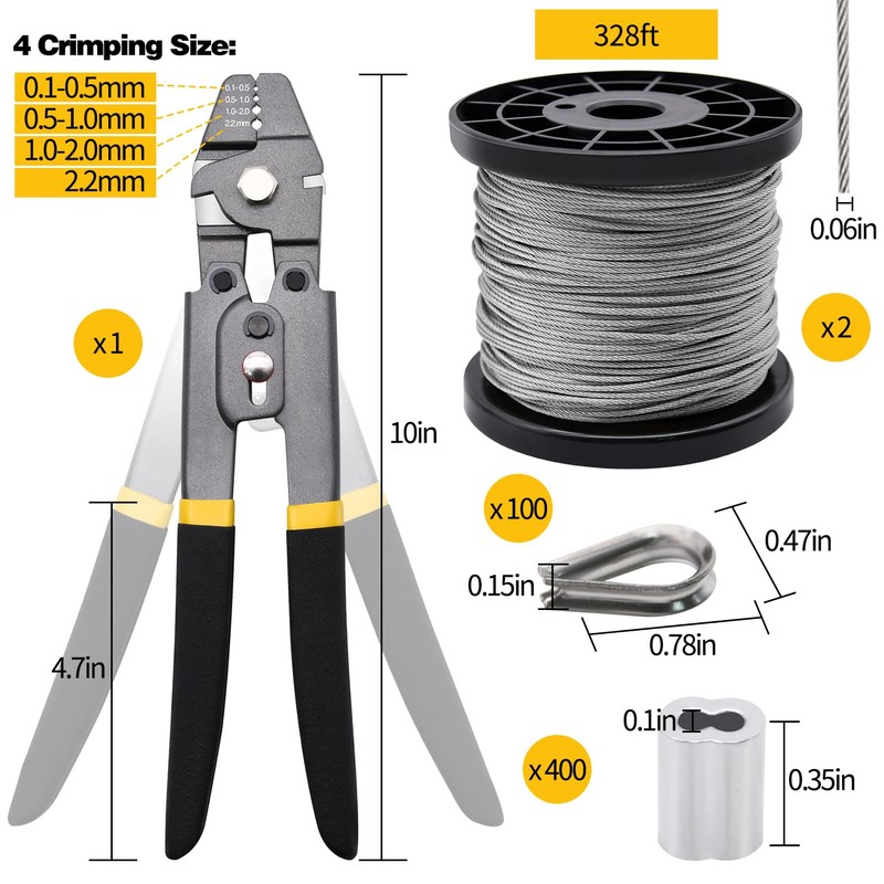656ft Wire Rope Crimping Tool Kit, 1/16" Stainless Steel Wire