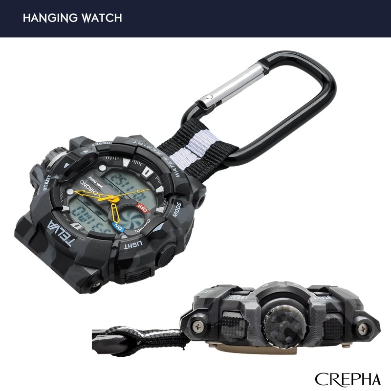 CREFER AZ-CB-AD079-BKG Pocket Watch, Carabiner Watch, Digital, Analog, Waterproof, Stopwatch