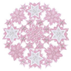 Grelucgo Set of 4 Embroidered 15-Inches Round Snowflakes Doilies for Christmas and Winter (Pink)