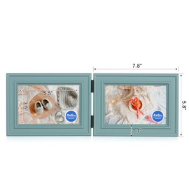Tamolus 4x6 Double Horizontal Hinged Picture Frame Folding Photo Frame in Teal Blue Pine Wood with Real Glass for Tabletop X3-LAN-2H46