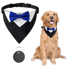 URROMA 1 Pack Blue Bow Formal Dog Tuxedo Bandana, Adjustable Blue Dog Wedding Collar Pet Costume Neckerchief for Small Dogs and Cats, L