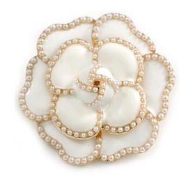 Avalaya 45mm Across/White Enamel with Faux Pearl Layered Rose Brooch in Gold Tone