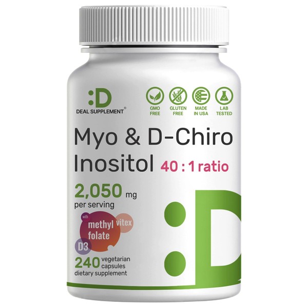 Myo-Inositol & D-Chiro Inositol (40:1) 2,050mg Per Serving, 240 Veggie Capsules – with Folate, Vitamin D3, & Vitex Complex – Hormonal, Ovarian, & Liver Support Supplement