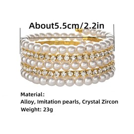 Fuqimanman2020 Imitation Pearl Rhinestone Wrap Bangle Bracelet Multi Row Pearl Bracelet Stretch Rhinestone Bracelet Wedding Jewelry Accessories for Women(Gold 1)