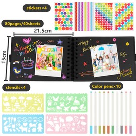 DIY Photo Album, Scrapbook 80 Pages Photo Book 21.5 x 15 cm with Stencil Stickers, DIY Photo Book, Black, Photo Album with 80 Pages Scrapbook, for Birthday, Wedding