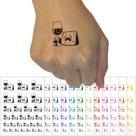 Wine Glass and Cheese Perfect Pair Temporary Tattoo Water Resistant Fake Body Art Set Collection - White (One Sheet)