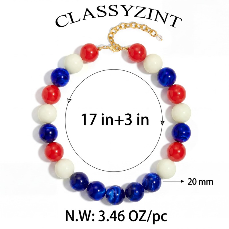 CLASSYZINT 20mm Chunky Red White Blue Beaded Necklace for Women