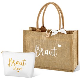 Xuniea 2 Piece Bridal Gift Set Jute Bride Tote Bag 35 x 25 x 13 cm Bride To Be Cosmetic Bag Bride JGA Jute Bag for Wedding Bridal Shower Engagement Bachelor Party