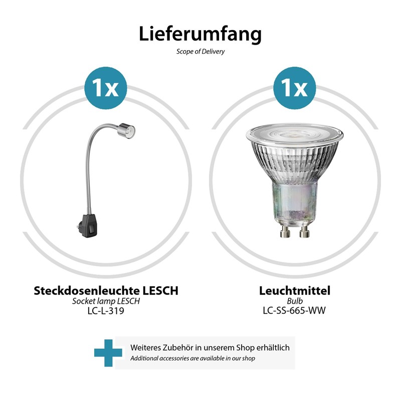 ledscom.de LESCH 2 Piece Socket Lamp Gooseneck Switch Chrome /