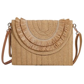 Gets Straw Clutch Bags for Women Handmade Woven Summer Beach Envelope Purse Wallet Crossbody Bag with Strap (2-Raffia Fringed Khaki)