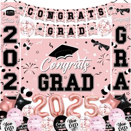 NUTTYBASH Graduation Decorations Class of 2025, Black Pink Graduation Party Decorations Set Includes Congrats Grad Backdrop Banner, 2025 Foil Balloons and Latex Balloons, Graduation Party Supplies
