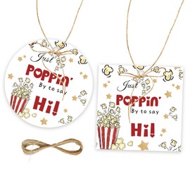 FORSHEEP 50pcs Just Popping By to Say Hi Thank You Tags, Popcorn Gift Tag with String for Movie Night Party, Round Thank You Paper Tags for Birthday / Popcorn Party Favors