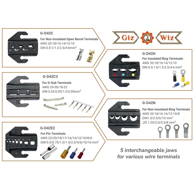 GIZWIZ Ergonomic Quick Change Ratchet Crimp Tool Kit with 5pcs