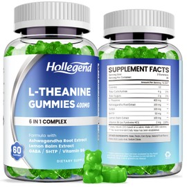 HOLLEGEND L-Theanine Gummies, l'theanine 400mg with Ashwagandha, GABA, 5HTP,L-Theanine Chewable Supplement for Relax, Zzz & Focus Support, Vegan, Lemon Flavor, 120 Counts