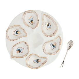 Mud Pie Oyster Server Set; server 10 1/2" dia | spoon 5 1/2"