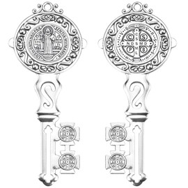 2Pcs Metal Medalla de San Benito Key Wall Pendant St Benedict Medals Key Statues for Catholic Home Decor Art Door Hanger House Blessing Protection (Tibetan Silver)
