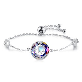 REDSUN Moonstone Bracelet for Women Girls 925 Sterling Silver Moon and Sun Bracelet with Round Crystal Celtic Moon Bracelets Sun and Moon Jewellery for Women Mother, Sterling Silver, Crystal