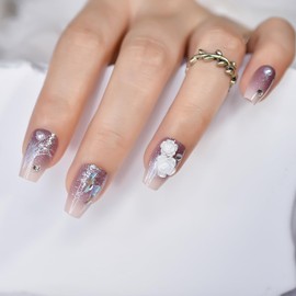 3D Crystal Pearl Flower Press On Nails Glitter Pink Purple Gradient False Nail Art Tips Women Girls Manicure Reusable Acrylic Medium Coffin Stick On Fake Nails for Daily Office Home Party