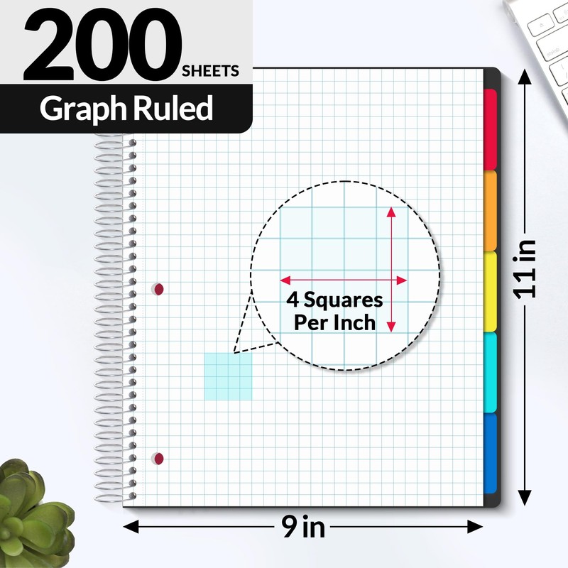 SUNEE 5 Subject Graph Paper Notebook - 400 Pages, 9"x11",