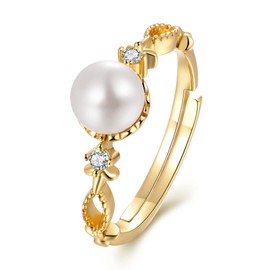SWJEWEL 925 Sterling Silver Pearl Ring Gold Plated Hollow Design Adjustable Size with CZ Diamond 6mm Faux Freshwater Pearl Ring Single Pearl Fashion Open Ring for Women Ladies Bridal 5/6/7/8/9/10