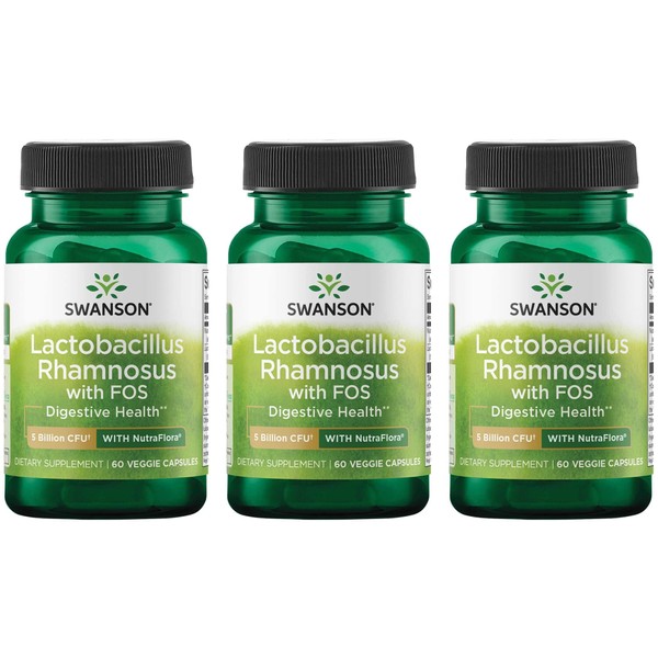 Swanson Lactobacillus Rhamnosus with FOS - Probiotic Supplement Supports Digestive Health - 5 Billion CFU - Promotes GI Tract Health During Travel - (60 Veggie Caps) 3 Pack