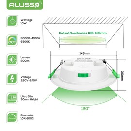 ALUSSO ALUSSO LED recessed spotlight flat 230V, 10W 800lm LED ceiling spots dimmable ultra slim installation depth 30mm, warm white? 3000K neutral white? 4000K cold white? 6500K, IP44 LED spots for living room, set of 6