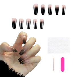 Auriselle Press on Nails Long 24 Pieces French False Long Square Nails Black and Purple Colour Gradient on Soft Gel Glitter Nails, Perfect for Manicure at Home