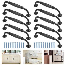 EMAGEREN Pack of 10 Black Cabinet Door Handles, Aluminium Alloy Furniture Handles, Cabinet Handles, Kitchen Handles, Country Style Wardrobe Knobs, Drawer Handles with Screws (Hole Spacing 128 mm)