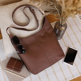 LECONI Medium Shoulder Bag Women's Bag Shoulder Bag Natural Soft Leather Handbag Women's Leather 33 x 33 x 9 cm LE0072, fawn