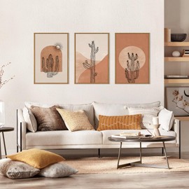 Ausril Boho Minimalist Cactus Framed Canvas Wall Art Set, Mid Century Saguaro Wall Decor, Abstract Geometric Desert Wall Painting, Beige Brown Plant Art Prints for Living Room, Bedroom, Office - 16"X24"X3