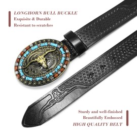 SENDEFN Western Cowboy Belt for Men Women Leather Longhorn Bull Buckle Belts 1.5" Wide Country Belt for Jeans
