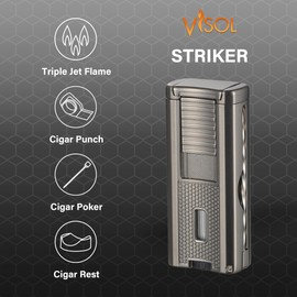 Visol Striker Butane Torch Triple Flame Refillable Gas Lighter, Built in Punch, Built in Poker, Built in Holder, Windproof Adjustable Flame Lighter (Shipped Without Butane) (Gunmetal)