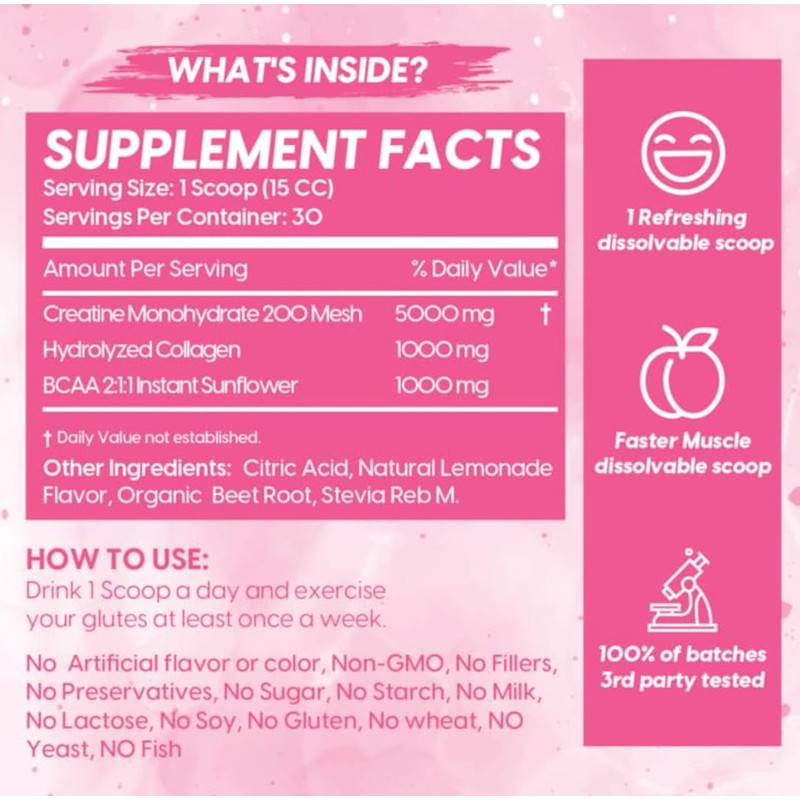 Booty Pump Formula - Pink Lemonade Creatine Blend for Women,