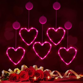 Baquler 5 Pcs Timed Valentine's Day Window Lights Hanging Red Heart Lights with Suction Cup Battery Operated Heart LED Light for Valentine's Day Anniversary Wedding Home Decor(Pink)