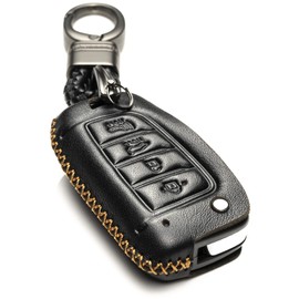 Vitodeco Genuine Leather Flip Key Fob Case Cover Compatible with Hyundai Accent, Kona, Santa Fe, Tucson, Venue, Sonata, Veloster 2018-2022 (4-Button, Black)