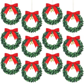 Syhood 12 Pcs Mini Christmas Wreaths with Gold Bells Small Kitchen Xmas Decor Christmas Pine Cabinet Wreaths for Window Door Holiday Indoor Home Decor(Red Bow,5.9 Inch)