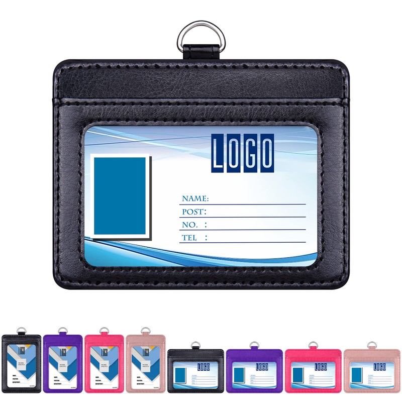 Wisdompro Horizontal ID Card Holder, PU Leather, Double-Sided, Adjustable, Neck
