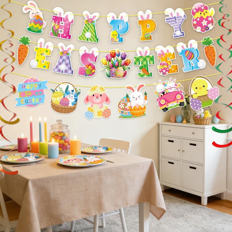 52 Pcs Easter Banner, Happy Easter Garland with Hanging Swirls,
