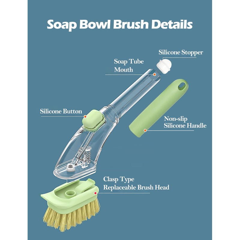 Soap Dispensing Dish Brush with 3 Replaceable Heads, Updated No