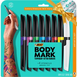 BIC BodyMark Set de marcadores temporales de tatuaje con punta fina y punta de pincel, colores surtidos, paquete de 8 marcadores + 6 plantillas