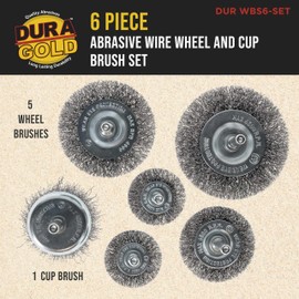 Dura-Gold 6-Piece Abrasive Wire Wheel and Cup Brush Set, 1/4" Drill Shank, Carbon Steel Bristles - 1 Cup & 5 Wheel Brushes - Surface Prep Grinding, Stripping Metal, Clean Remove Rust Corrosion, Paint